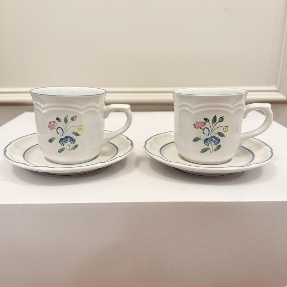 Hearthside Floral Expressions Stoneware Tea Cup & Saucer Set‎ Of 2 Blue Cottage